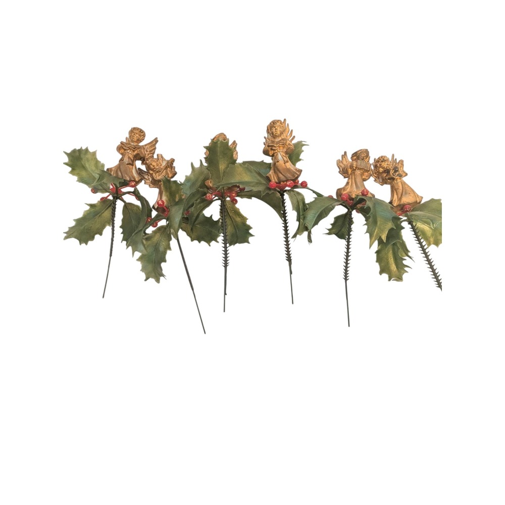 Set of 6 Gold Angel Holly Picks Cherub Christmas Tree Ornaments Holiday Decor